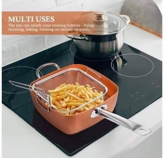 9.5 Inch Copper Nonstick Square Deep Fry Pan with Chip Frying Basket  Steamer